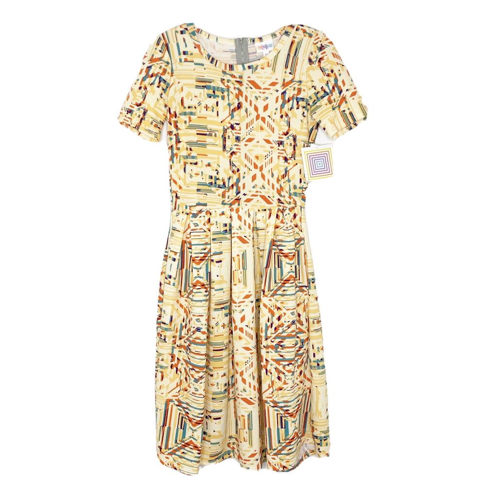 LuLaRoe Amelia Light Yellow Short Sleeve Shapes Pattern Dress New Sz XS M1